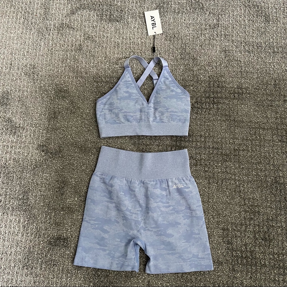 AYBL Activewear blue camo biker shorts and sports bra set